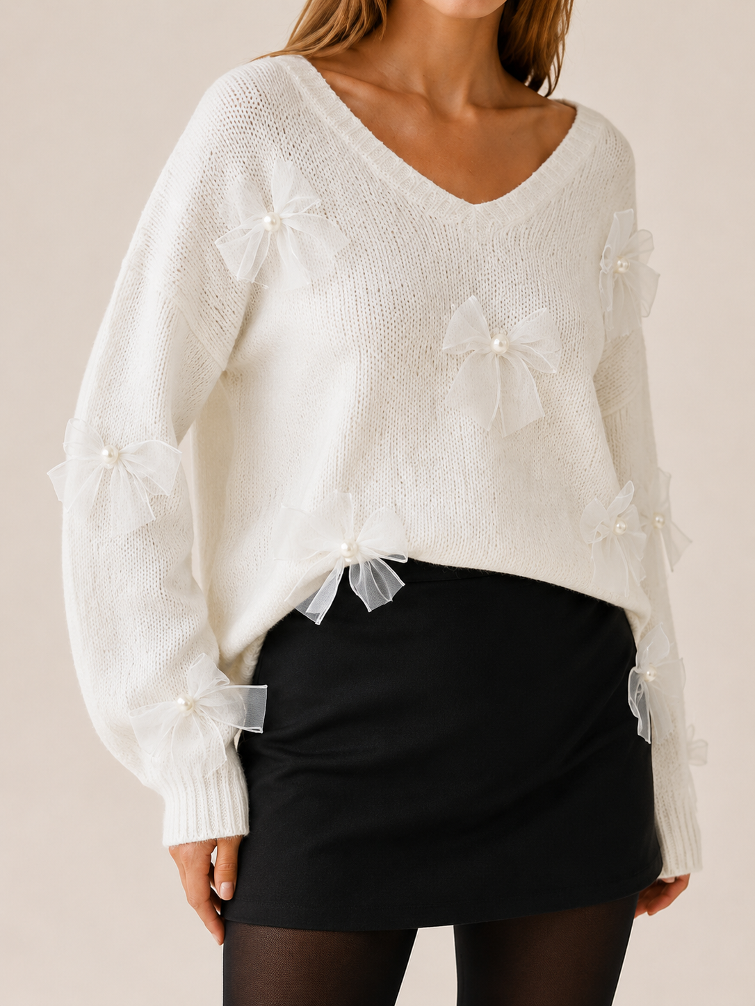 Myravine | V Neck Sweater with Bow Detail