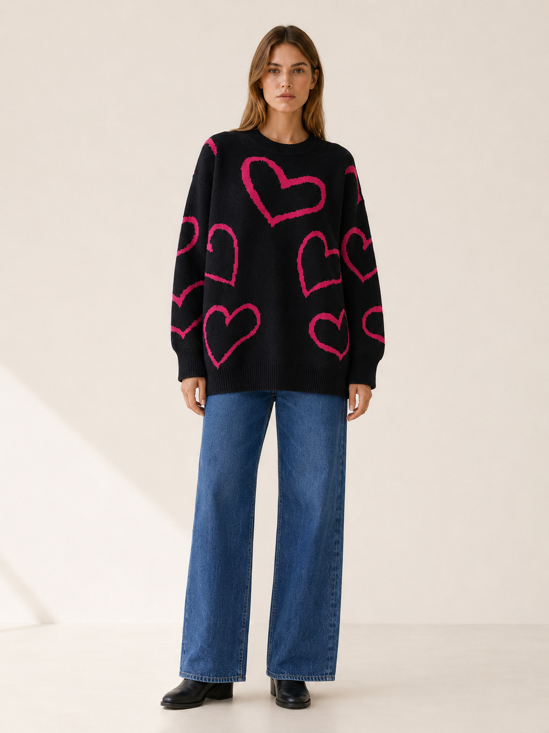 Neralune | Knit Sweater with Heart Pattern and Oversized Fit