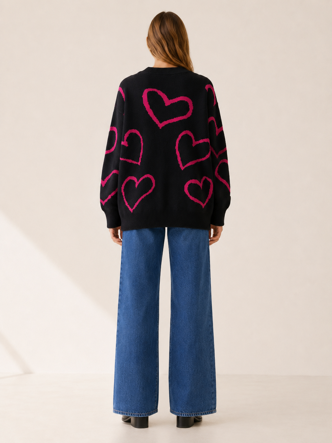 Neralune | Knit Sweater with Heart Pattern and Oversized Fit