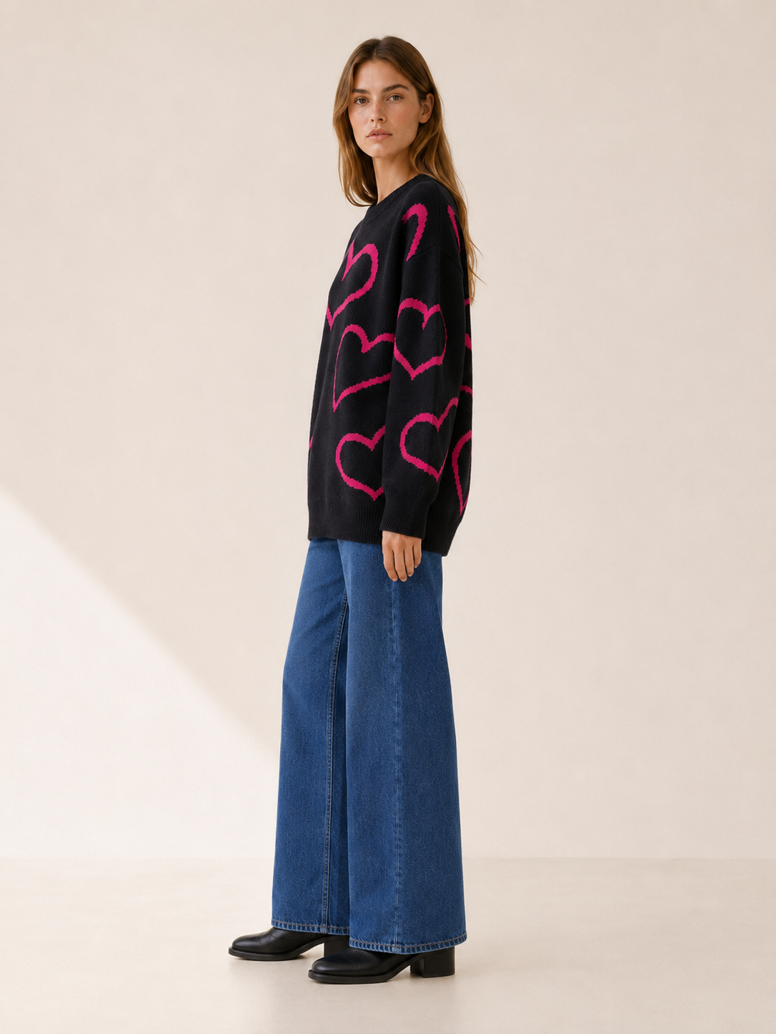 Neralune | Knit Sweater with Heart Pattern and Oversized Fit