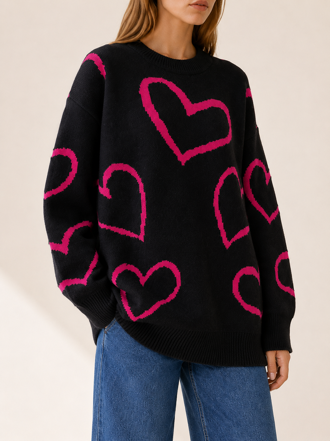 Neralune | Knit Sweater with Heart Pattern and Oversized Fit
