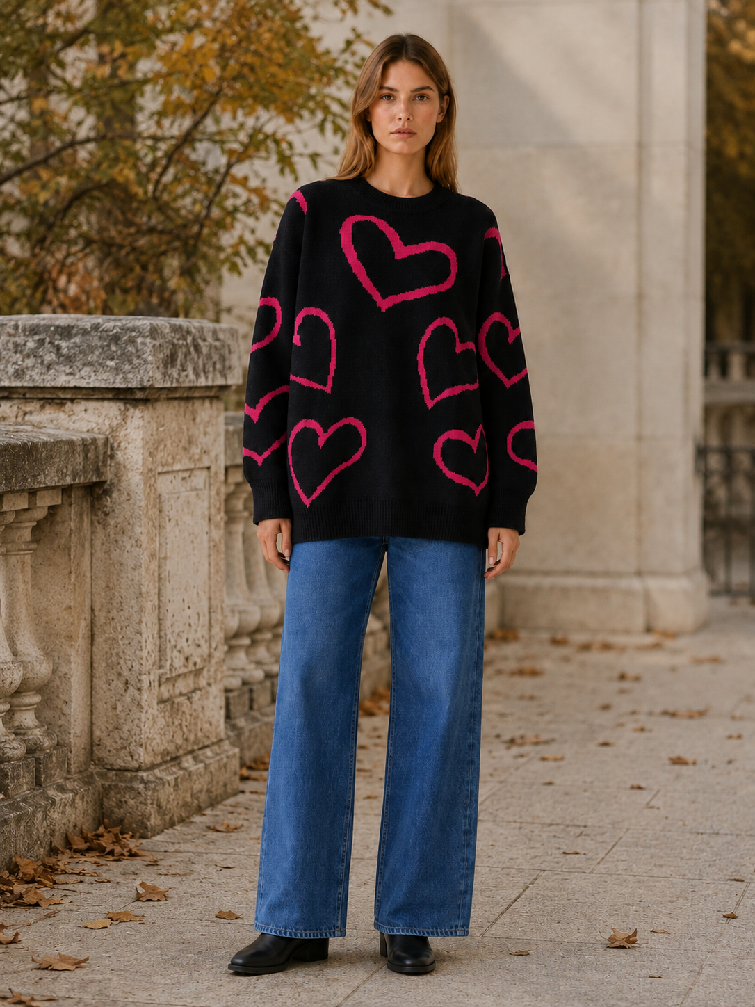 Neralune | Knit Sweater with Heart Pattern and Oversized Fit