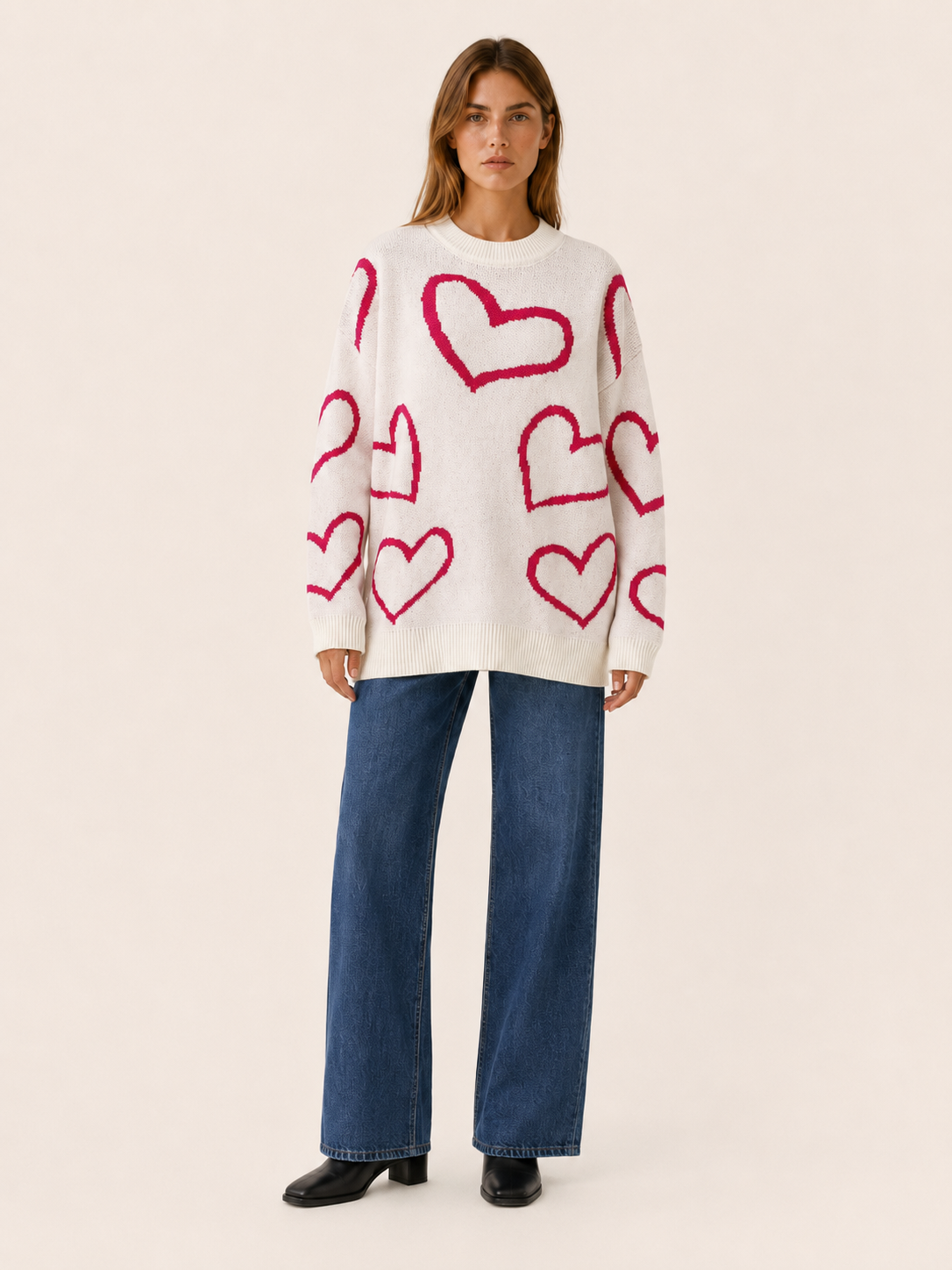 Neralune | Knit Sweater with Heart Pattern and Oversized Fit