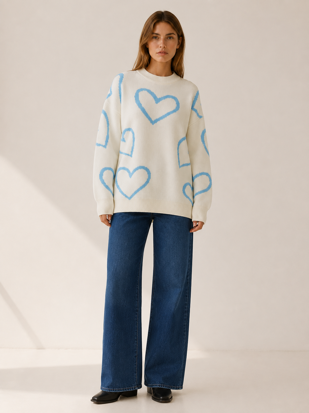 Neralune | Knit Sweater with Heart Pattern and Oversized Fit