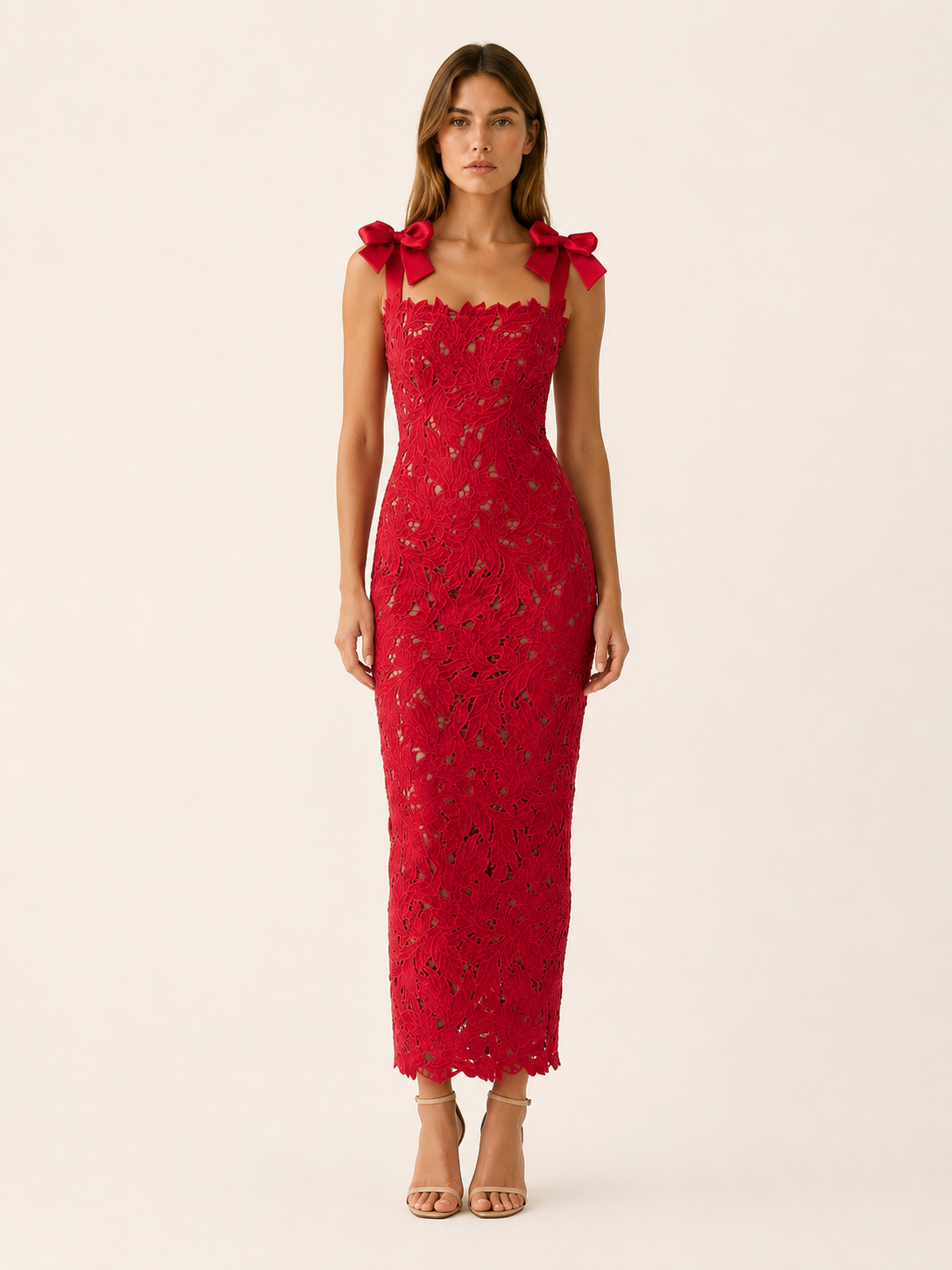Nerea | Lace Maxi Dress with Bow Straps and Back Slit