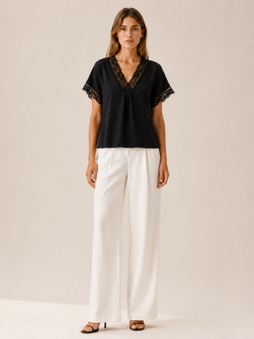 Nivellea | Lace Trim Top with V Neck Short Sleeves