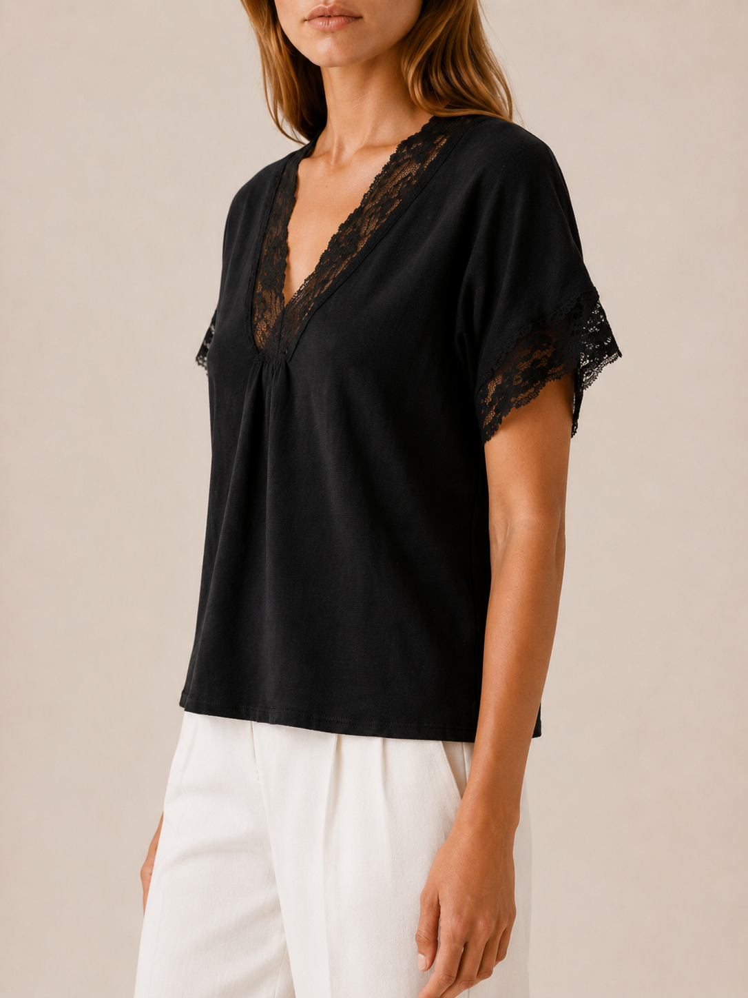Nivellea | Lace Trim Top with V Neck Short Sleeves