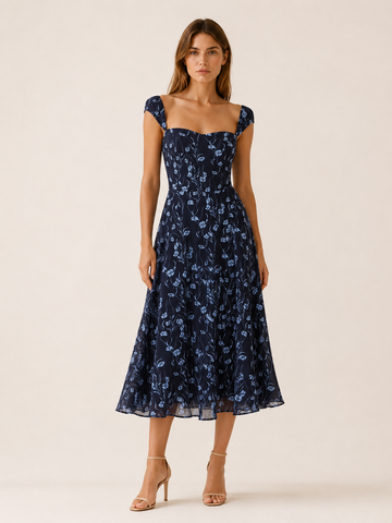Noella | Floral Midi Dress with Sweetheart Neckline