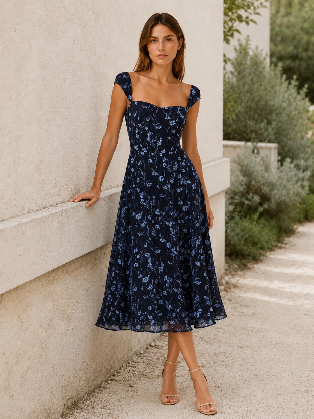 Noella | Floral Midi Dress with Sweetheart Neckline