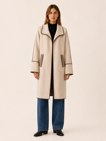 Nolwen | Women’s Long Coat with Wide Collar and Contrast Trim