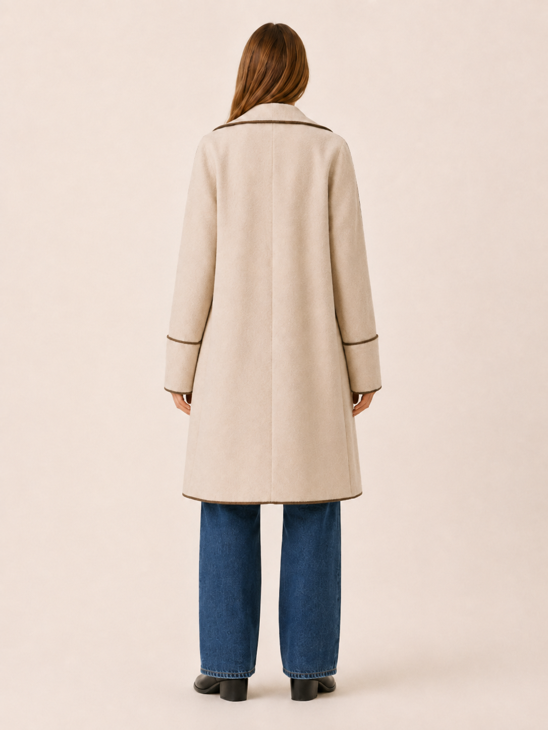 Nolwen | Women’s Long Coat with Wide Collar and Contrast Trim