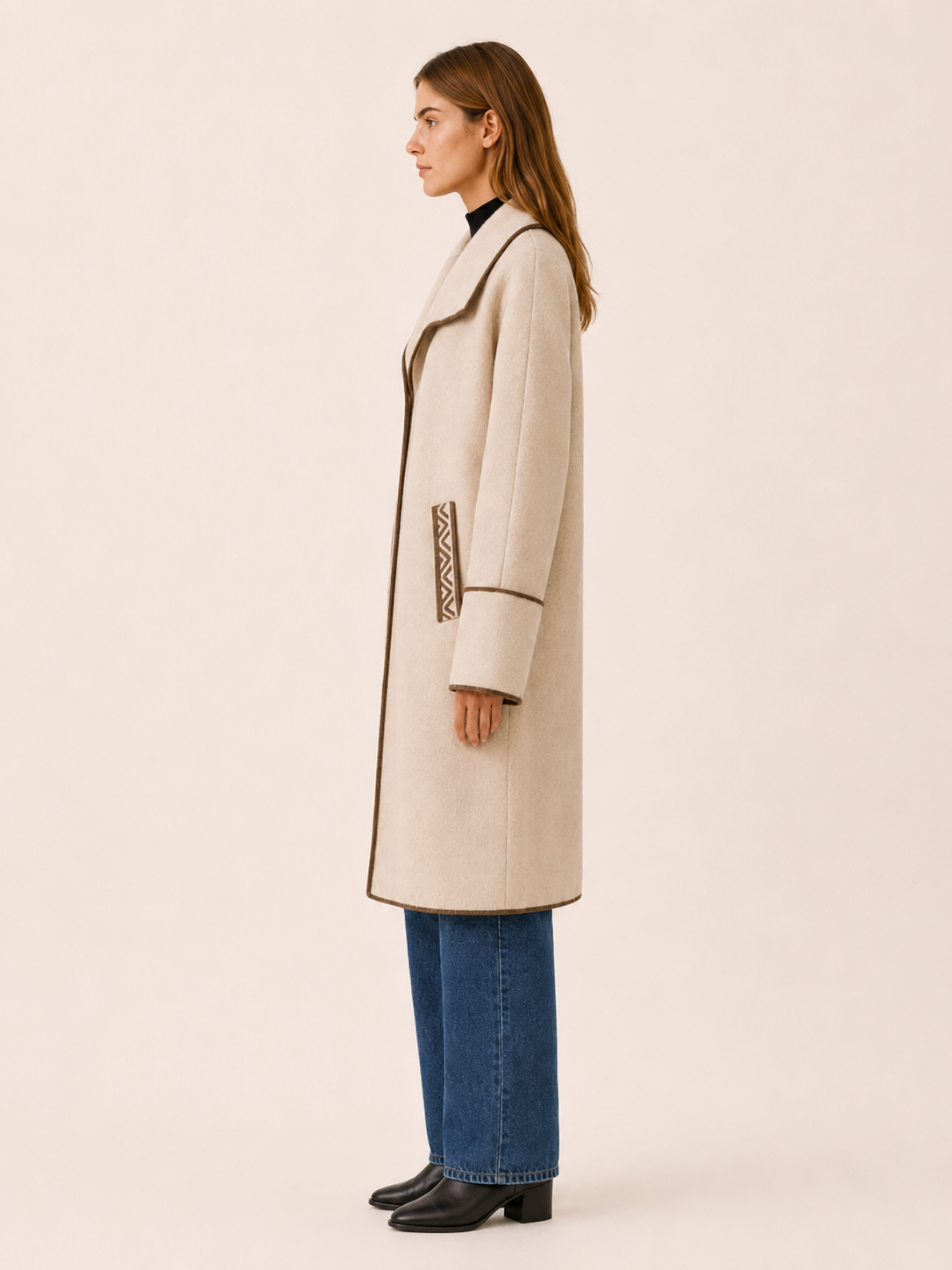 Nolwen | Women’s Long Coat with Wide Collar and Contrast Trim