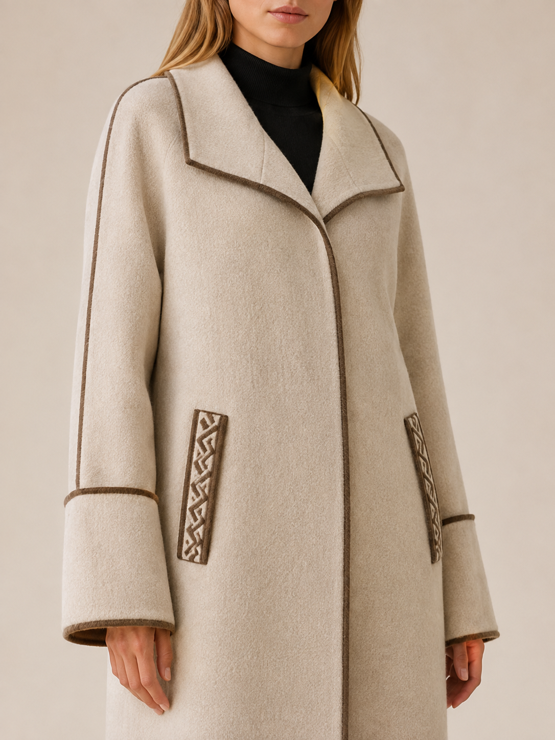 Nolwen | Women’s Long Coat with Wide Collar and Contrast Trim