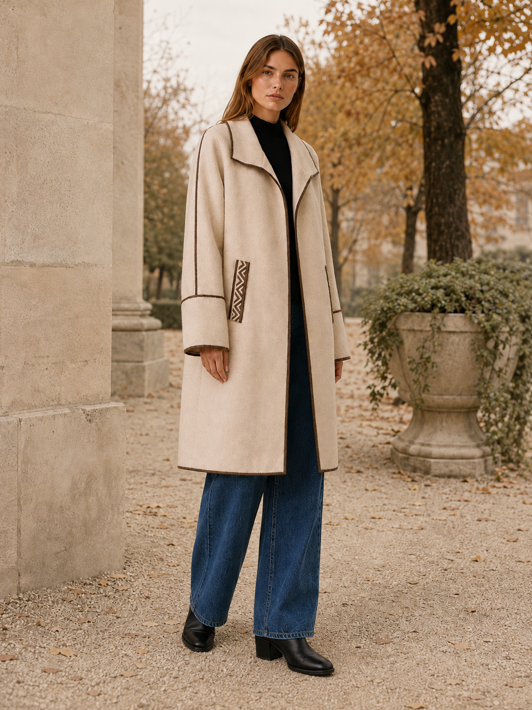 Nolwen | Women’s Long Coat with Wide Collar and Contrast Trim