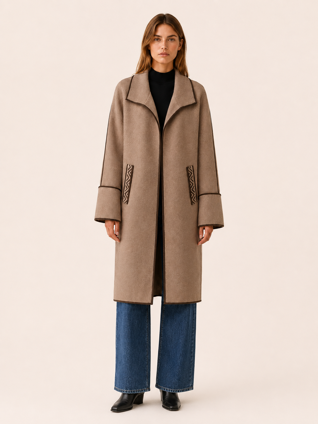 Nolwen | Women’s Long Coat with Wide Collar and Contrast Trim