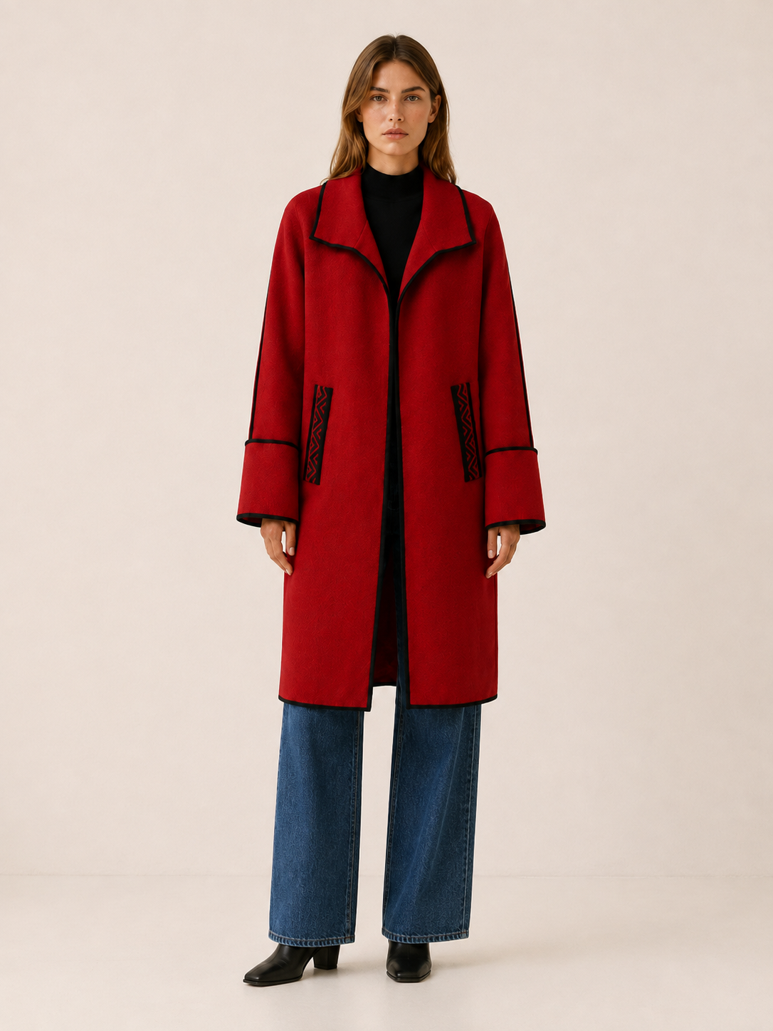 Nolwen | Women’s Long Coat with Wide Collar and Contrast Trim