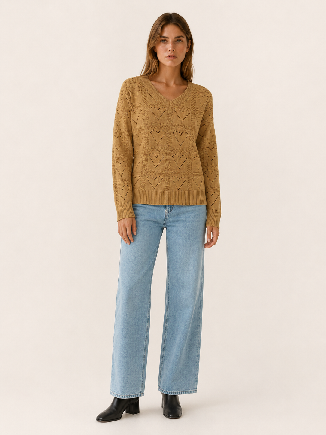 Norellia | V Neck Jumper with Heart Pattern and Relaxed Fit