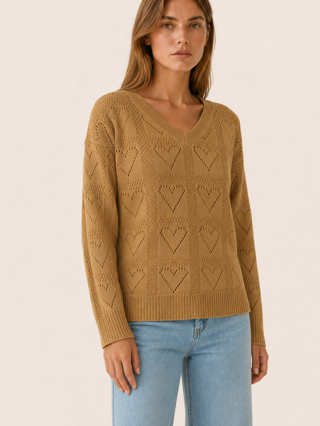 Norellia | V Neck Jumper with Heart Pattern and Relaxed Fit