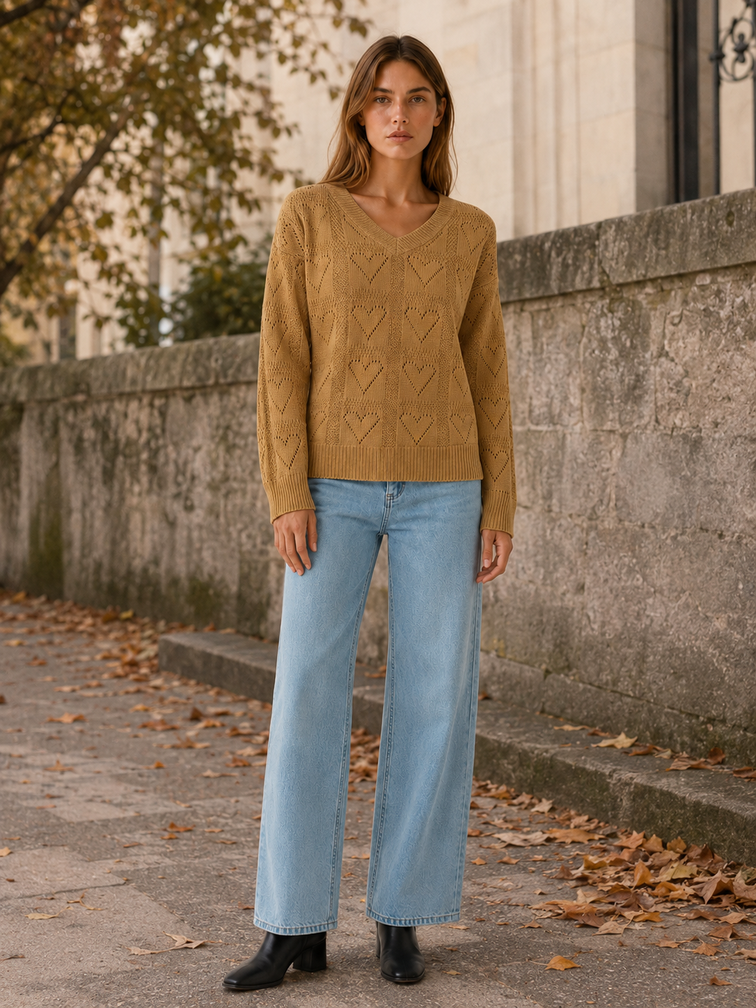 Norellia | V Neck Jumper with Heart Pattern and Relaxed Fit