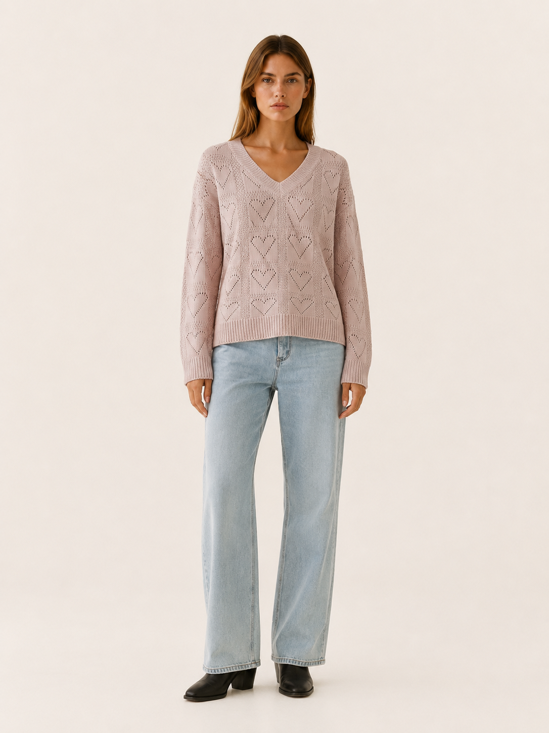 Norellia | V Neck Jumper with Heart Pattern and Relaxed Fit