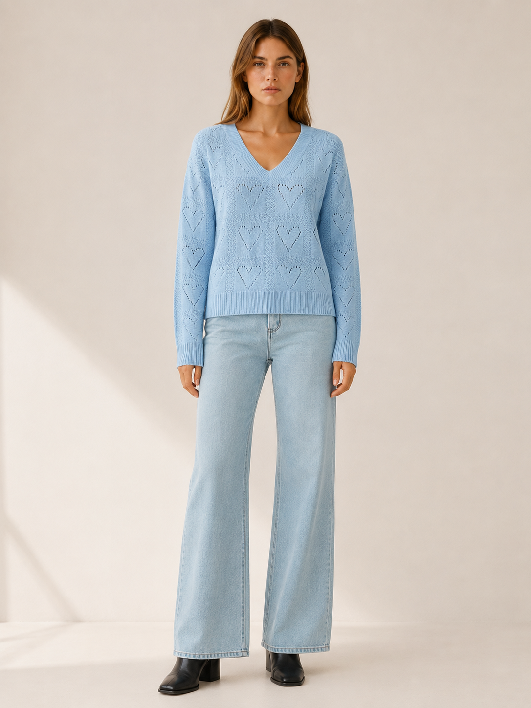 Norellia | V Neck Jumper with Heart Pattern and Relaxed Fit