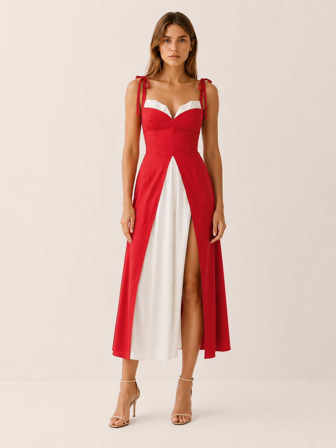 Nyra | Sweetheart Midi Dress with Tie Shoulders and Slit