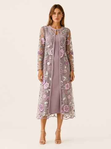 Oaklyn | Embroidered Midi Dress Set with Mesh Jacket