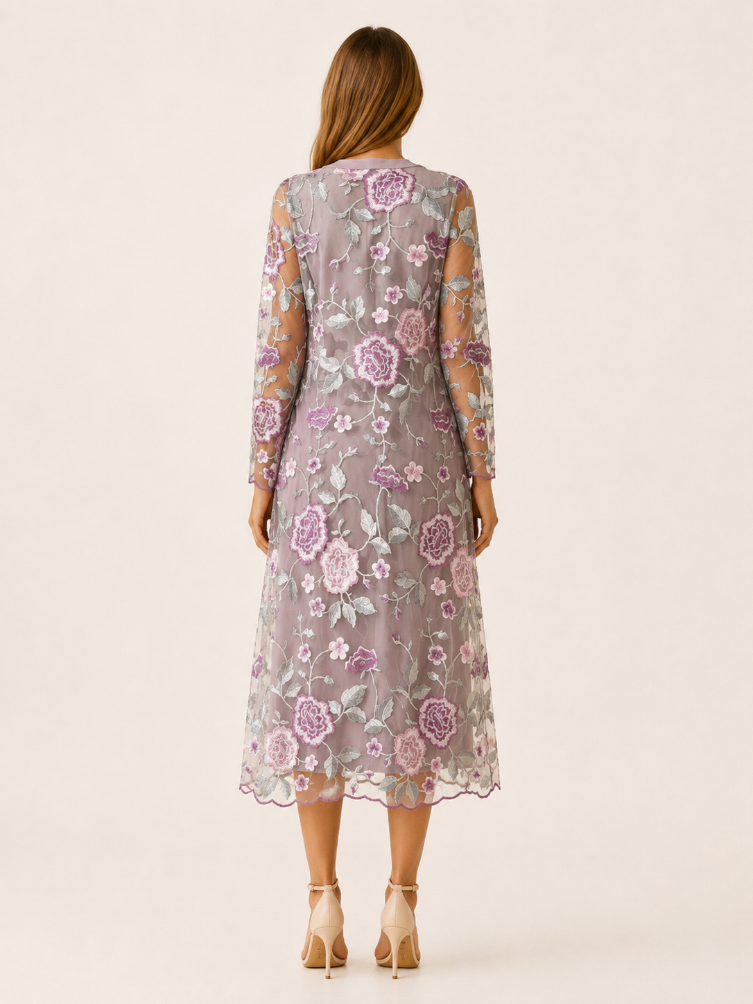 Oaklyn | Embroidered Midi Dress Set with Mesh Jacket