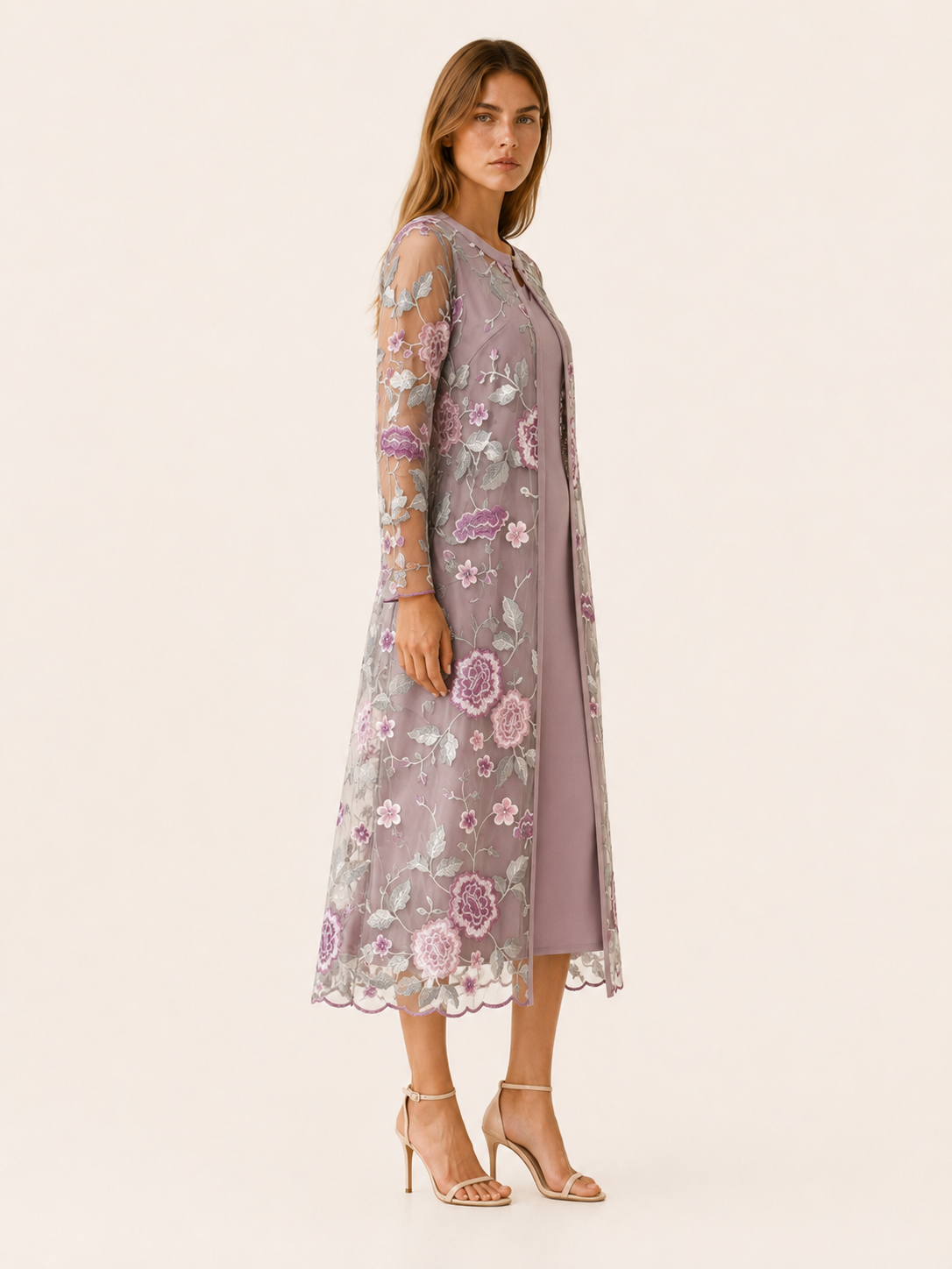 Oaklyn | Embroidered Midi Dress Set with Mesh Jacket