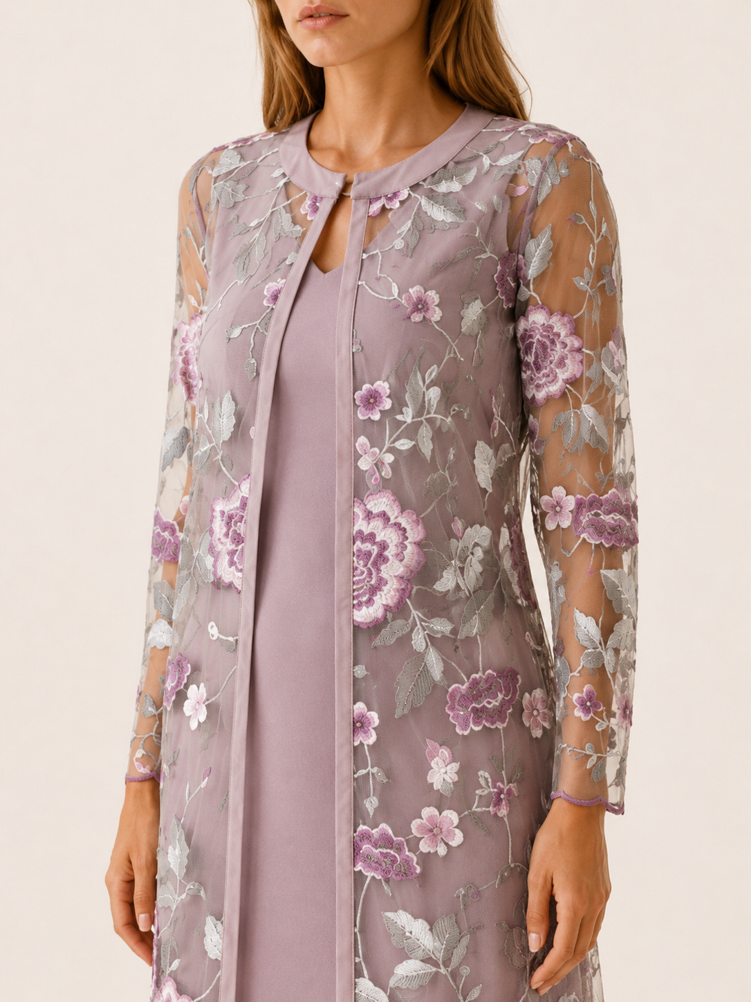 Oaklyn | Embroidered Midi Dress Set with Mesh Jacket