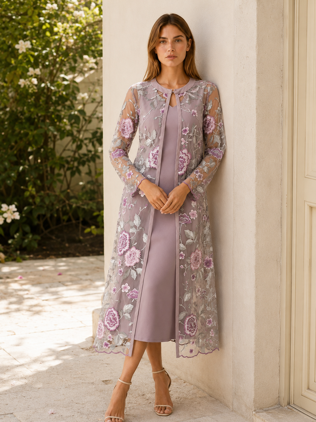 Oaklyn | Embroidered Midi Dress Set with Mesh Jacket