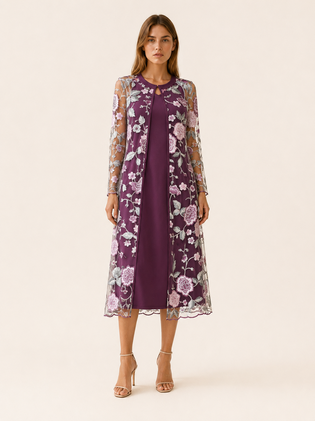 Oaklyn | Embroidered Midi Dress Set with Mesh Jacket