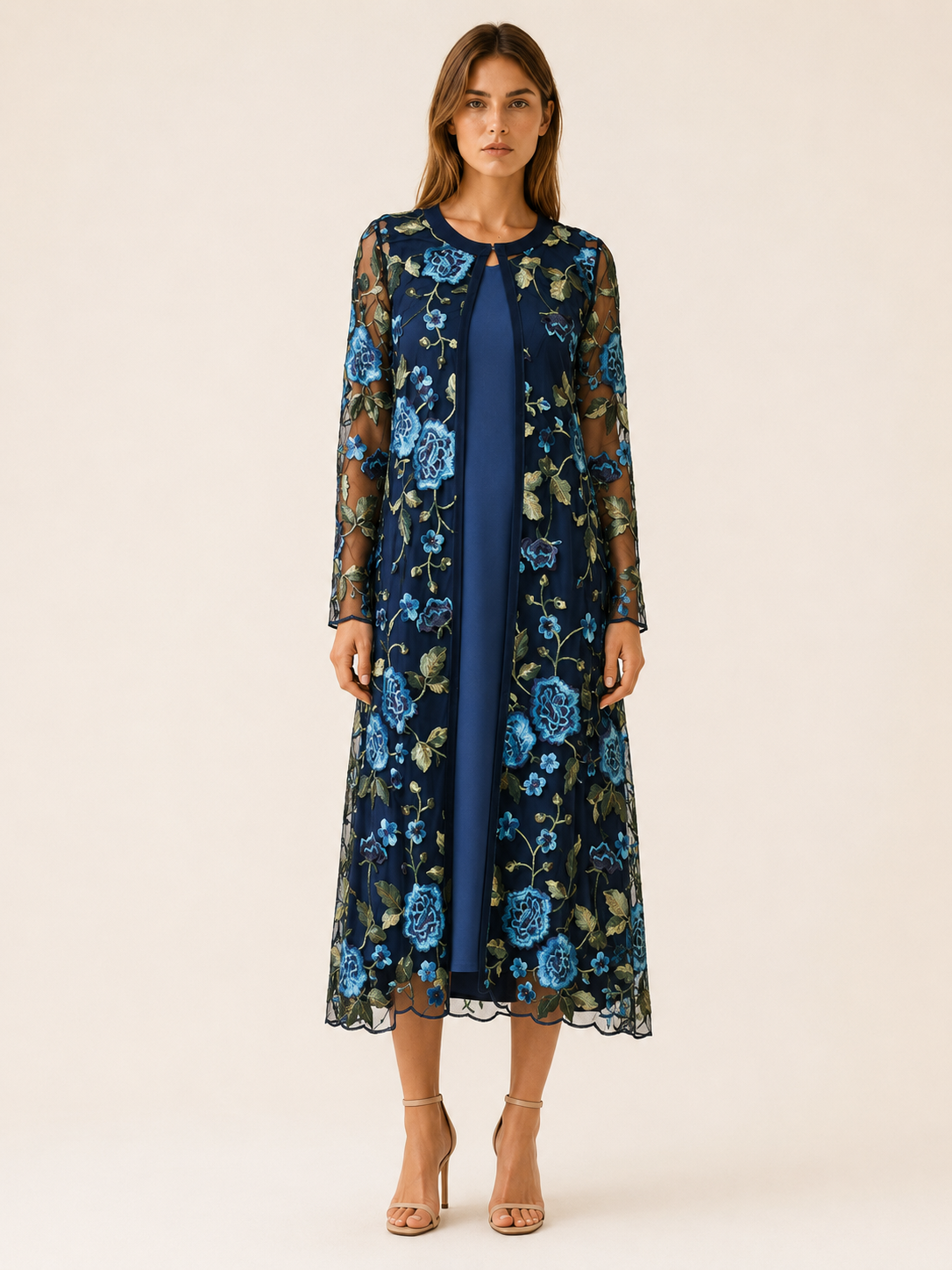 Oaklyn | Embroidered Midi Dress Set with Mesh Jacket