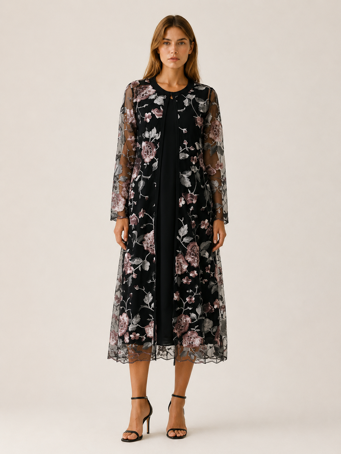 Oaklyn | Embroidered Midi Dress Set with Mesh Jacket