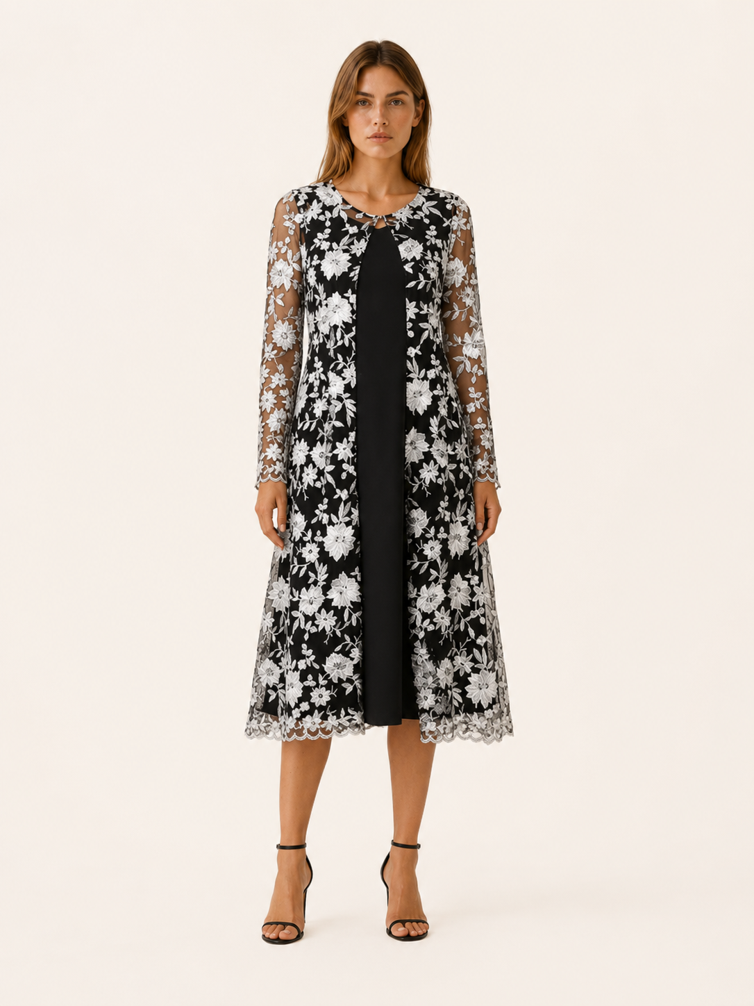 Oaklyn | Embroidered Midi Dress Set with Mesh Jacket