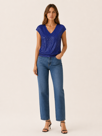 Odelia | Sequin Cap Sleeve Blouse with V Neck