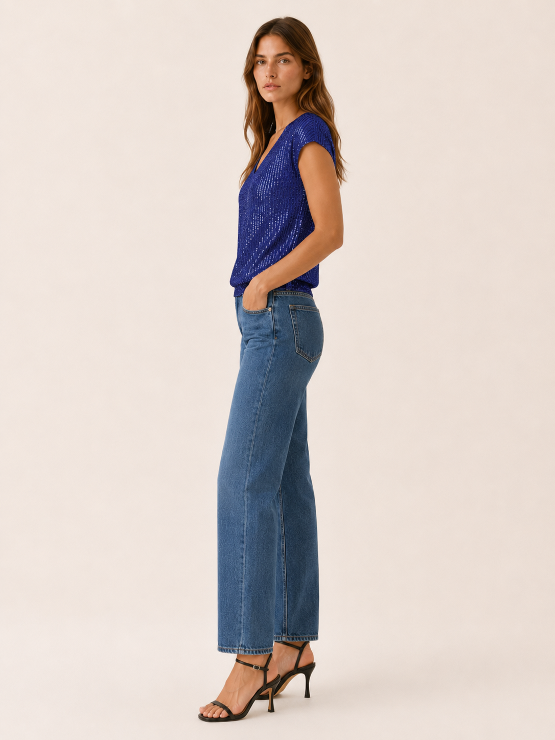 Odelia | Sequin Cap Sleeve Blouse with V Neck