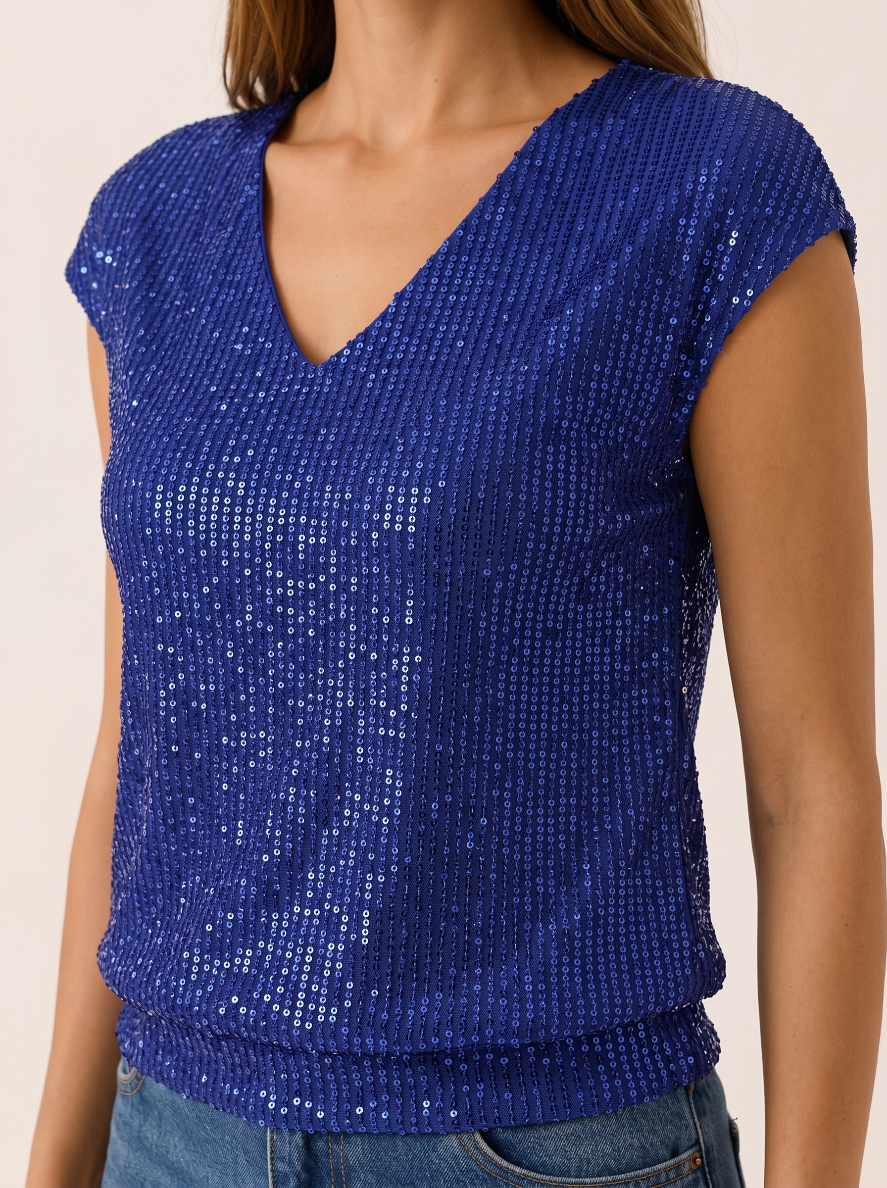 Odelia | Sequin Cap Sleeve Blouse with V Neck