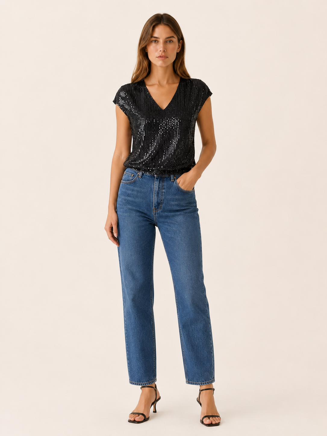 Odelia | Sequin Cap Sleeve Blouse with V Neck