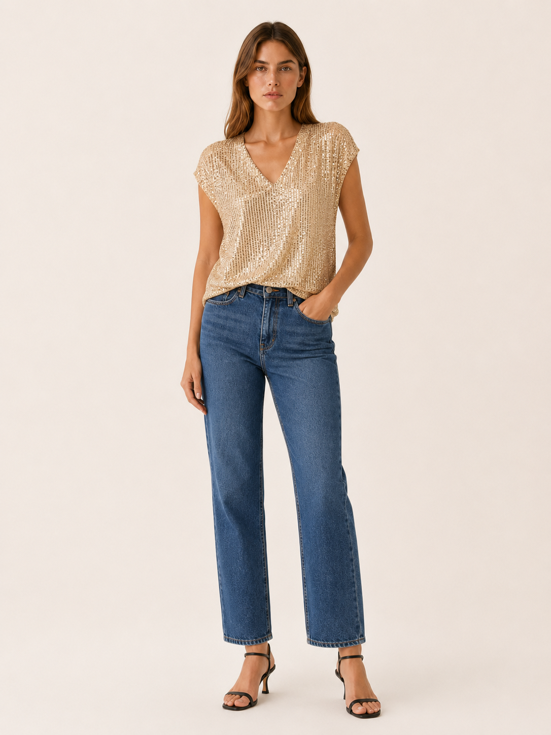 Odelia | Sequin Cap Sleeve Blouse with V Neck