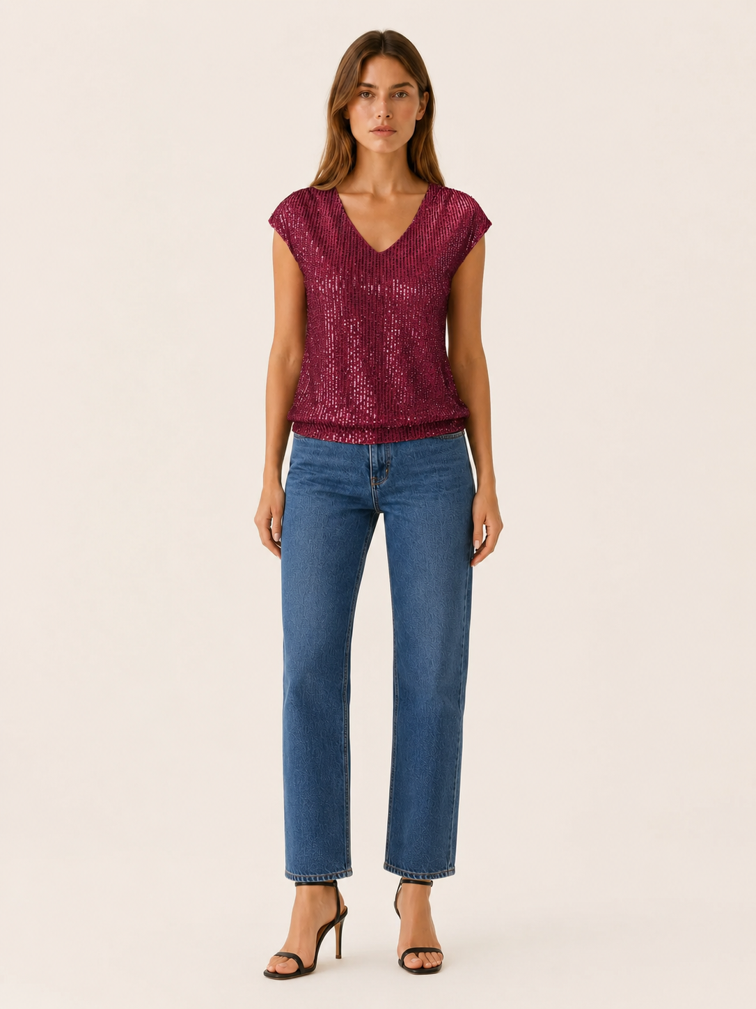 Odelia | Sequin Cap Sleeve Blouse with V Neck
