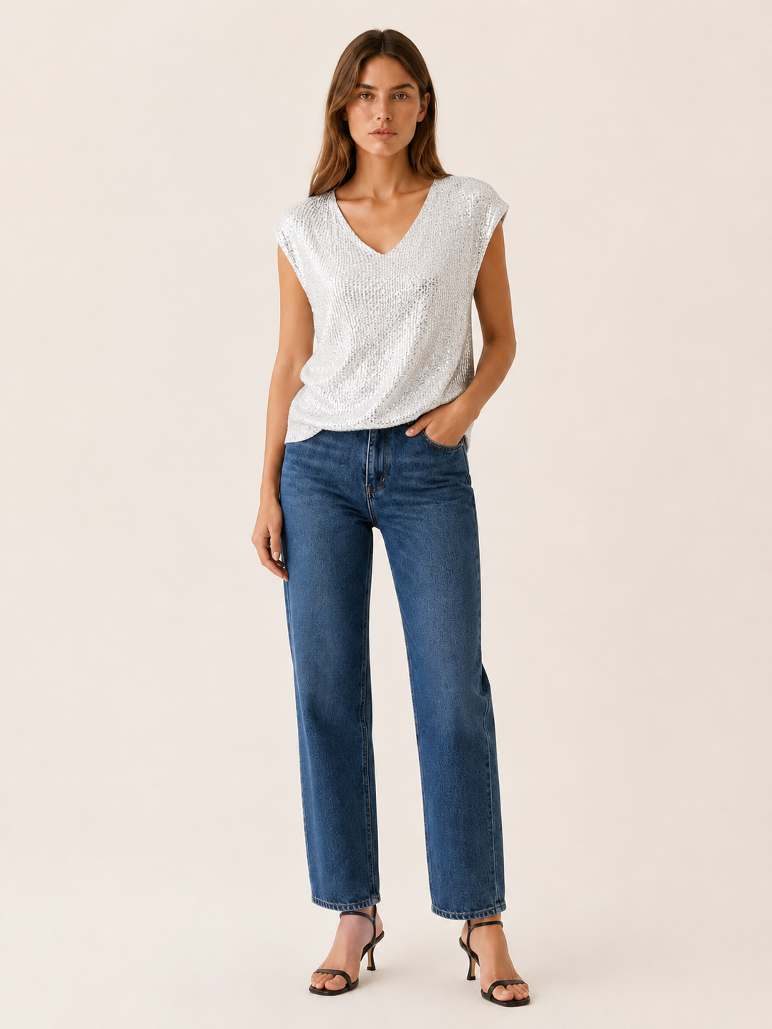 Odelia | Sequin Cap Sleeve Blouse with V Neck