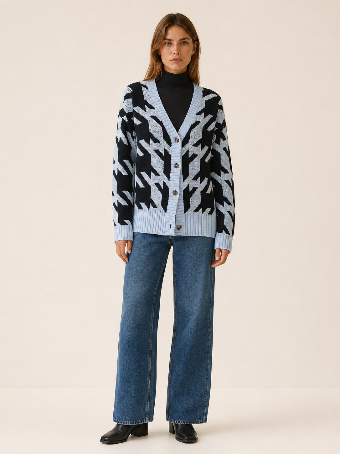 Odette | Houndstooth Cardigan with V-Neck and Button Front