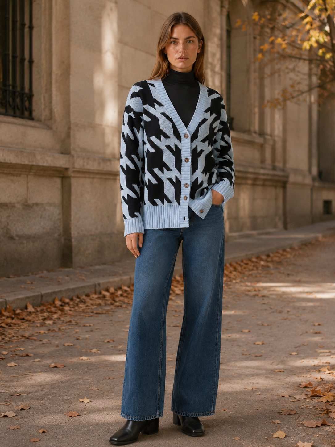 Odette | Houndstooth Cardigan with V-Neck and Button Front