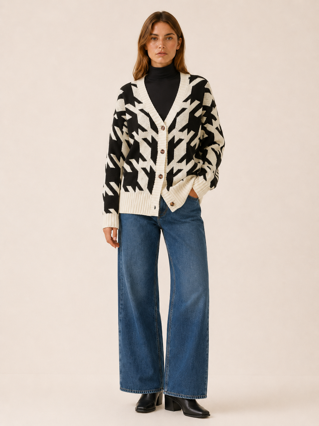 Odette | Houndstooth Cardigan with V-Neck and Button Front