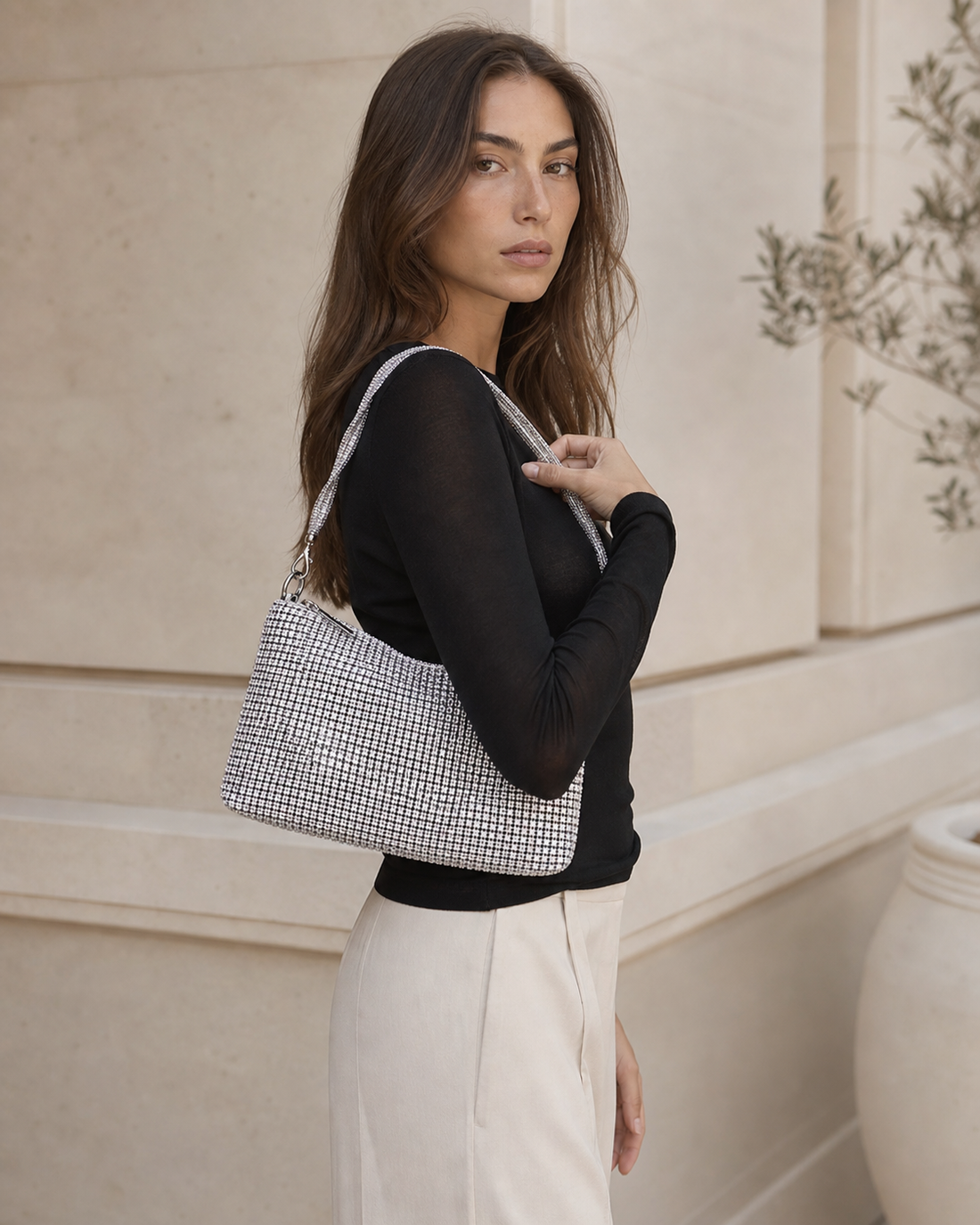 Olivra | Rhinestone Shoulder Bag with Chain Strap
