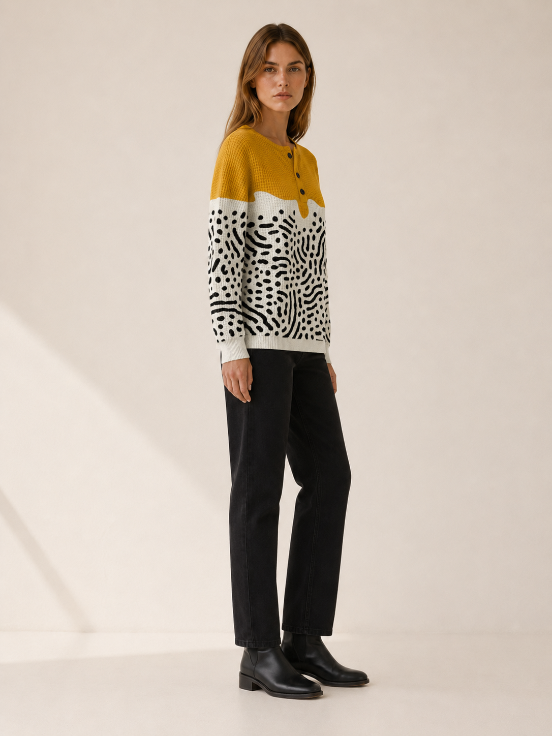Ondelise | Women's Abstract Button Neck Jumper
