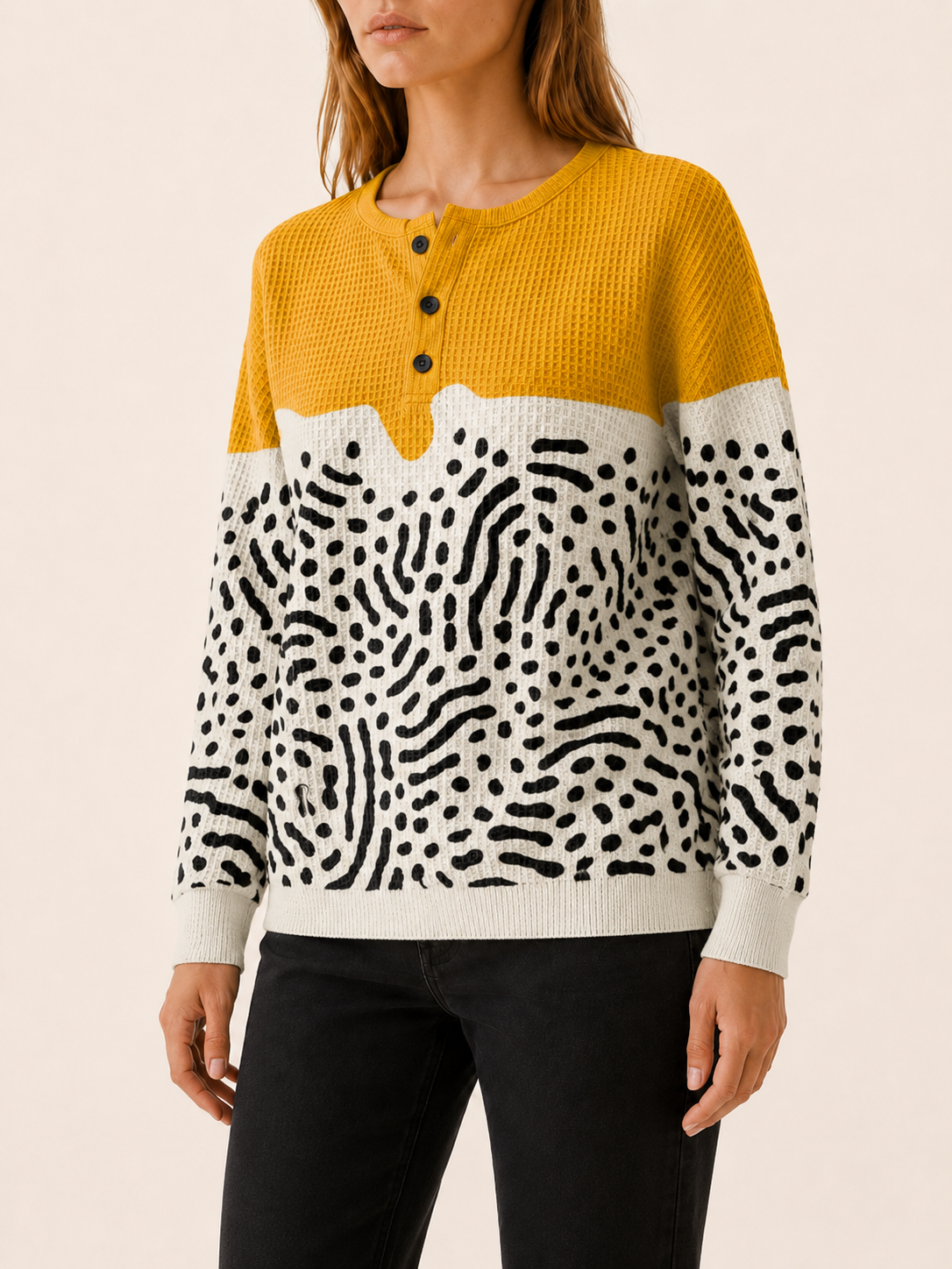 Ondelise | Women's Abstract Button Neck Jumper
