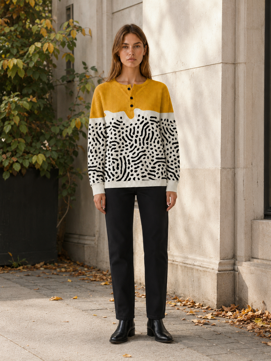 Ondelise | Women's Abstract Button Neck Jumper
