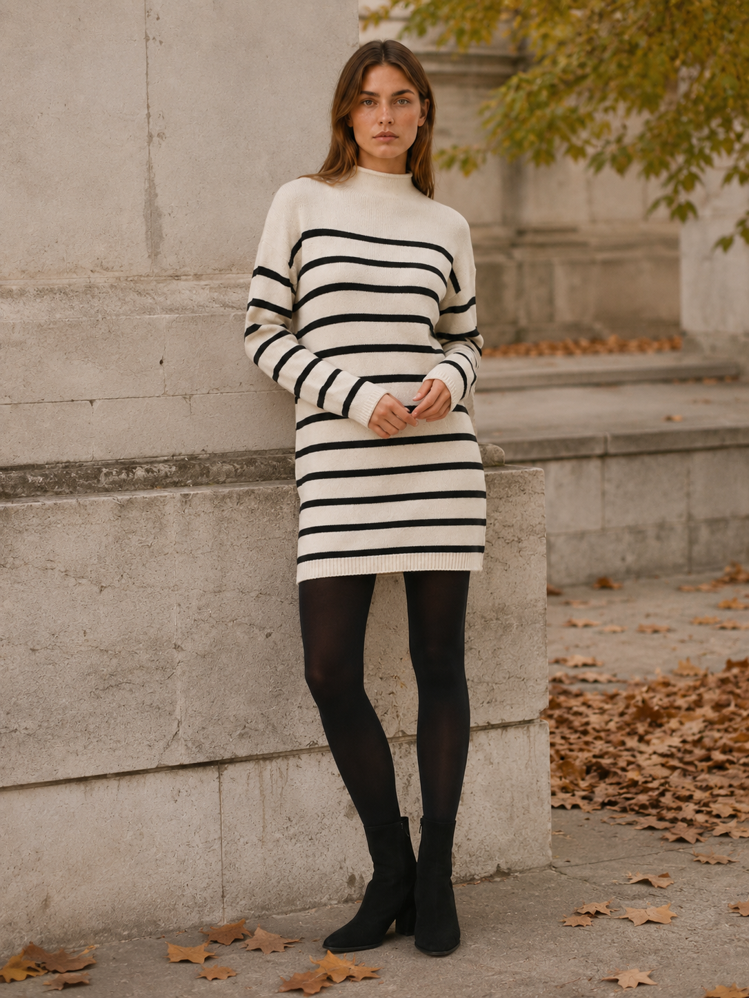 Ondine | Jumper Dress with Mock Neck and Stripe Design